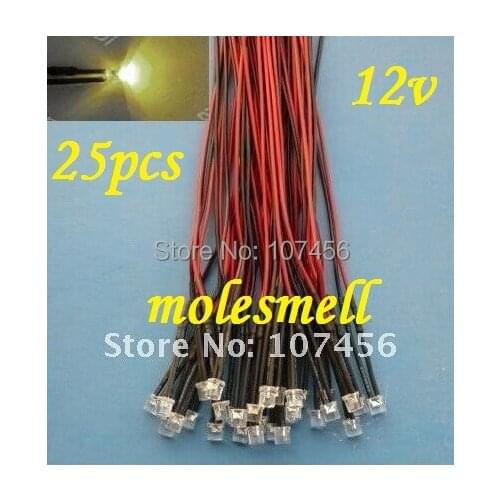 Free shipping 25pcs Flat Top warm white LED Lamp Light Set Pre-Wired 5mm 12V DC Wired 5mm 12v big/wide angle warm white led