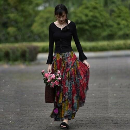 Free Shipping 2021 New Long Maxi A-line Elastic Waist Women Autumn Summer Cotton And Linen Skirts Plus Size S-2XL Print Skirts