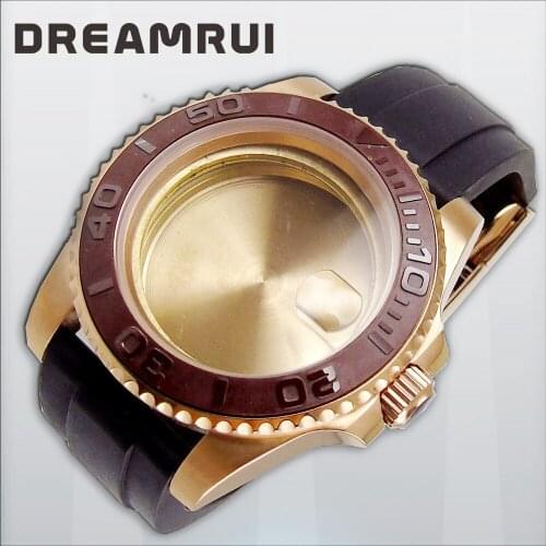 Rose Gold Plated 40mm Watch Case fit for ETA 2836 MIYOTA 8215 Sapphire Glass Rubber Mental Back Brushed Insert