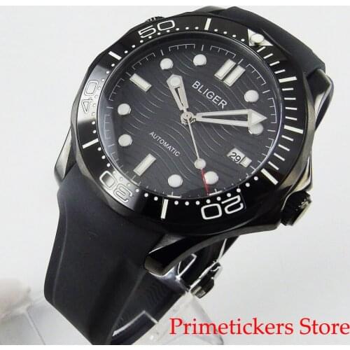 PVD coated case black dial 40mm automatic men wristwatch sapphire glass date ceramic bezel rubber strap