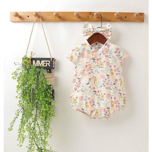 Newborn Baby Girl Outfits baby Clothes Summer Floral Retro Cheongsam Embroidery Bodysuit+hair Band 2 PCS Set Infant Cute Romper