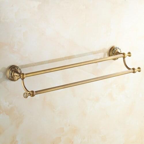 Antique copper double towel bars rack, European brass bathroom towel bars vintage, Retro wall toilet hanging towel rack shelf