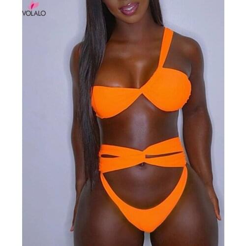 High Waist Bikini Set 2021 One Shoulder Womens Swimsuit Hollow Out Swimwear Brazilian Orange Bikinis Beach Wear Bathing Suit