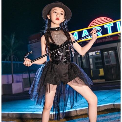 Children Jazz Dance T-stage Model Walk Show Suit Girl Fashion Dance Performance Dress Pu Leather Top And Skirt Set