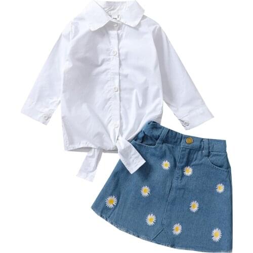 New Girl’s Outfits Two Piece Suit Fashion Solid Color Long Sleeve Shirt and Daisy Denim Short Skirt