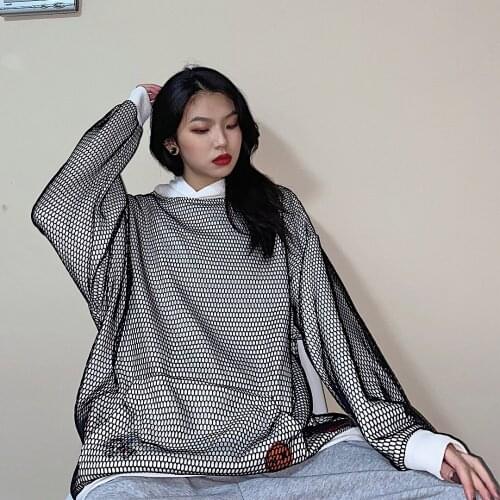 Autumn and winter 2021 new street style BF hooded mesh fake two-piece sweatshirts womens embroidered top hoodies