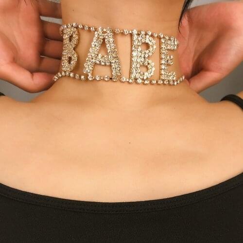 Sexy BABE Letter Rhinestone Choker Necklace Collar Luxury Gothic Night Club Short Chains Necklace Crystal Chain Neck Jewelry