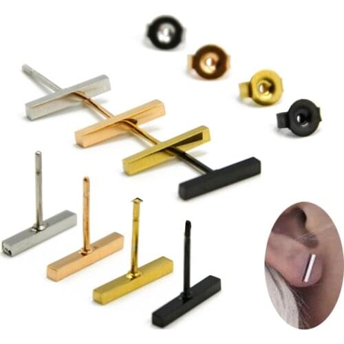 PAIR Surgical Steel Fashion Square Column Earring Simple T Bar Punk Hiphop Unisex Ear Studs Helix Tragus Cartilage Piercing