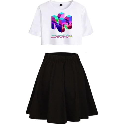 Vaporwave Print T-shirt Sets Summer Women Tshirt Pleated Skirts Sets Sweet Fashion Skirt Girls Dew Navel Tshirt Short Skirt Suit