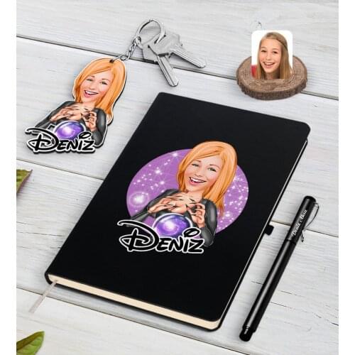 Personalized Women 'S Astrologer Caricature Of Black Notebook Pen And Keychain Gift Seti-1