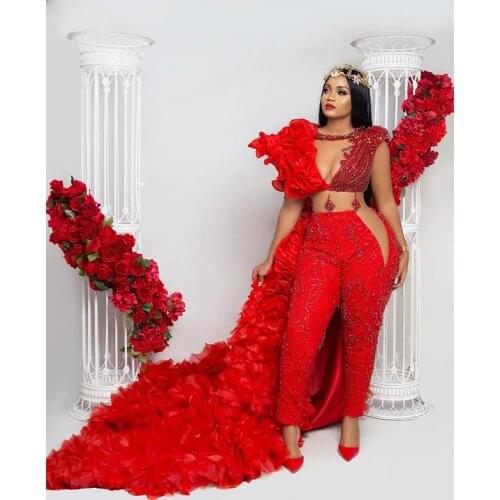 Luxury Beading Red Jumpsuits Prom Dresses With Detachable Skirt African Crystal Ruffles Evening Dress Plus Size Formal Gowns
