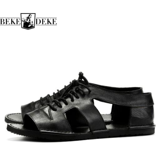 Mens Summer Rome Casual Shoes Designer Black Slides England Retro Lace Up Real Leather Gladiator Sandals Open Toe Beach Sandals