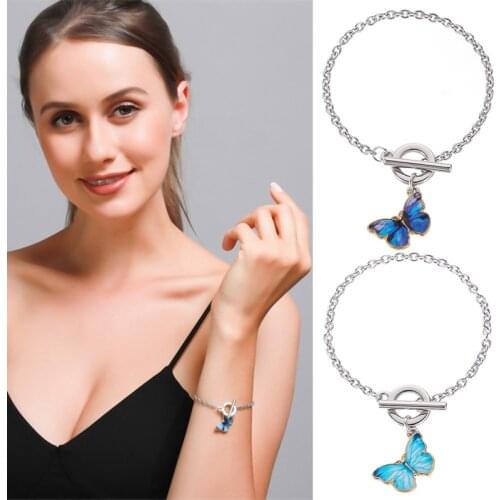 Blue Butterfly Pendant Bracelets Butterfly Imitation Pearl Pendant Bangles Bracelets for Women Jewelry Hand Cuff Accessories