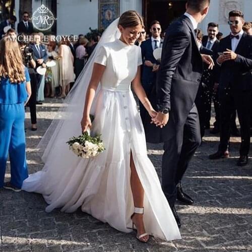 Michelle Royce A-Ling Wedding Dresses 2020 O-Neck Short Sleeve Lace Up Bow Backless Chapel Train Bridal Gowns Vestido De Noiva