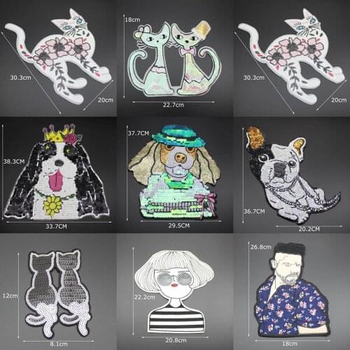 Fabric Embroidered Patch Girl Men Sequins Cat Dog Cartoon Clothes Stickers Bag Applique DIY Apparel Sewing Clothing Accessories