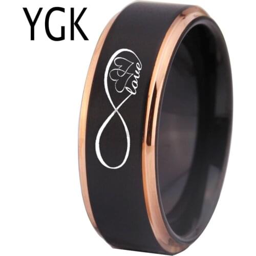 YGK Jewelry Infinity Love Design Matte Black With Rose Step Tungsten Ring New Mens Wedding Engagement Anniversary Gift Ring