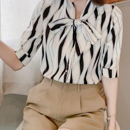 Women Bow Blouse Office Lady Short 2021 Summer New Korean Fashion Stripe Shirt Sleeve Tops Blusas Mujer Button Shirts 15863