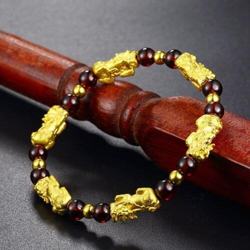 Women Fashion Gold Color Wealth Lucky Pi Xiu Obsidian Agate Lucky Buddhism Jewelry Exhibition Celebration Commemoration Bracelet