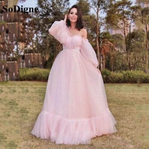 SoDigne Pink Tulle Prom Dress Detachable Sleeves Pleat Tiered Lady Formal Evening Gown Lace Floor Length Women Party Dress