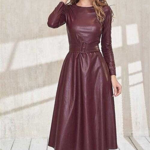 Belt PU Leather Dresses Womens Plus Size A-line Elegant Party Maxi Dress Long Sleeve O Neck 2021 Autumn Winter Fashion Clothing