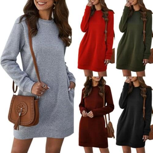 Ladies Casual Jumper Dress Women Plain Long Sleeve Pocket Knitted Mini Dress
