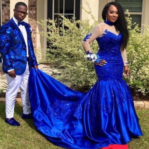 Vintage Royal Blue Mermaid Evening Dresses High Neck Illusion Long Sleeve Celebrity Gown Plus Size Sequined Prom Gowns 2019