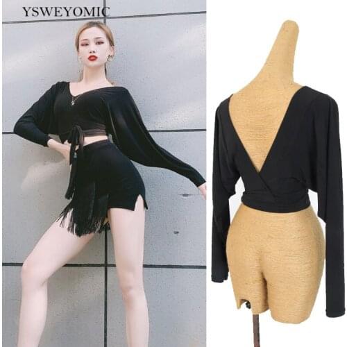 2020 Autumn Winter Latin Modern Dance Long-sleeved one-piece Short Sexy Blouse Female Standard Latin Dance Practice Top Y167