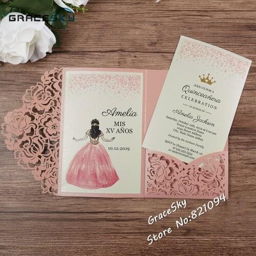 50pcs free shipping New Laser cut rose invitation pocket card wedding invitations Cards,customized wedding invitations rsvp card
