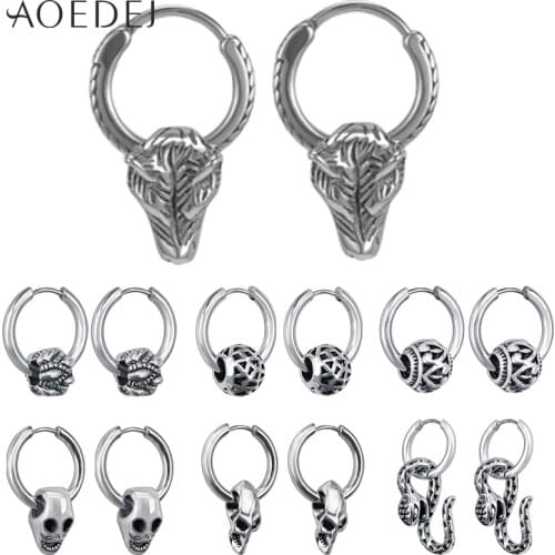 AOEDEJ 10 Styles Skull Earring for Men Stainless Steel Hoop Earrings Punk Rock Wolf Head Round Earring Helix Piercing Jewelry