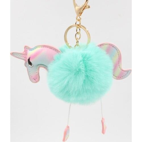 Unicorn Pom Pom Keychain Faux Fur Ball Keyring Fluffy Fuzzy Bag Pendent Charm for Women Girls