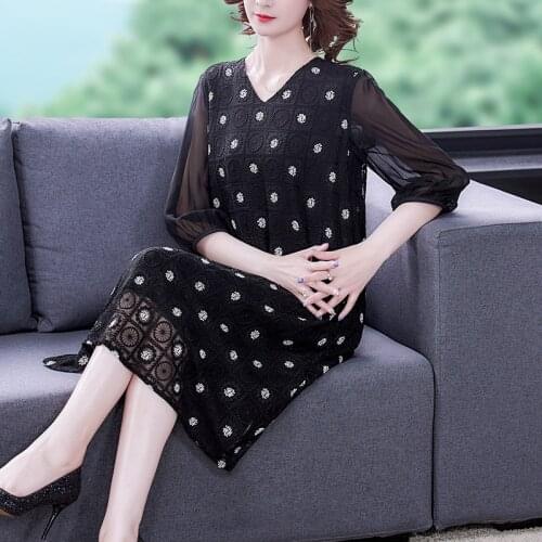 Black Mesh Embroidery Casual Loose Midi Dress 2021 Vinatge Floral 5XL Plus Size Dress Summer Women Elegant Bodycon Party Vestido