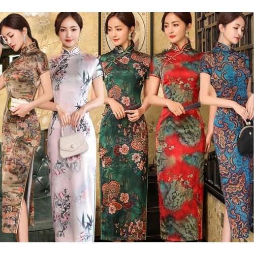 Wholesale free shipping chinese style long cheongsam womens satin dress beautiful fashion ladies evening party dresses
