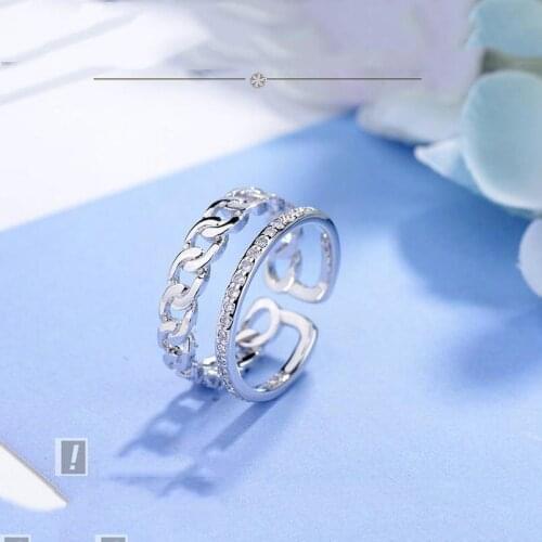 Double Layer Open Rings Special Chain With Opening Ring Jewelry Hollow Simple Punk Silver Color Ring For Women Female Finger