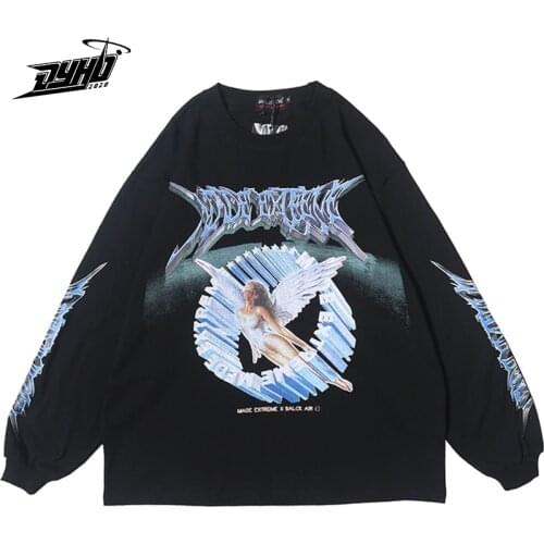 2021 Oversize Men Hip Hop T-Shirt Streetwear Retro Angel Print Harajuku Sweatshirt Loose Long Sleeve Tshirt Unisex Cotton Tees