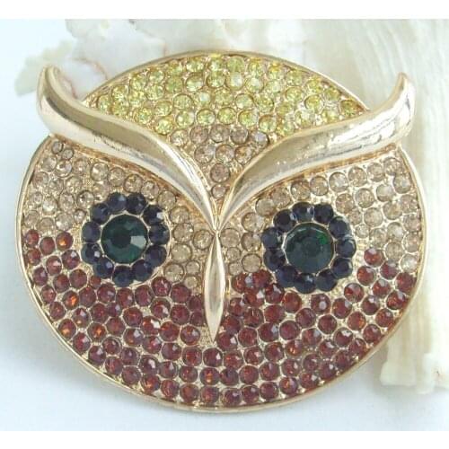 HelenaJewelry 2.16" Gold-tone Brown Rhinestone Crystal Owl Brooch Pin Pendant EE05112C4