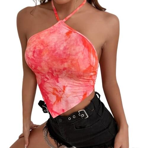 Hirigin Europe and the United States 2021 summer new sexy hanging neck open back top tie dyed navel vest for women backless