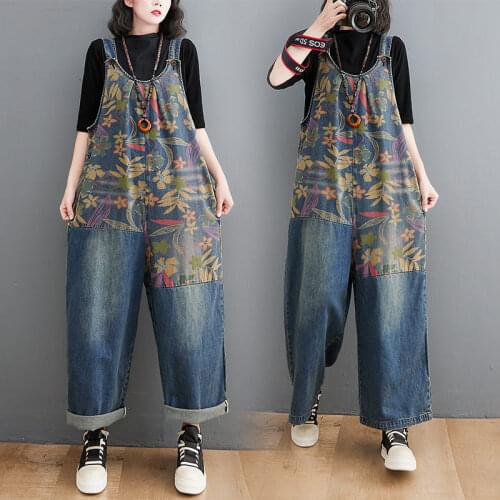 Large Size Loose Retro Casual Stitching Color Denim Strap Wide Leg Pants Trousers Women Trend Vintage Print Jeans Jumpsuit M202