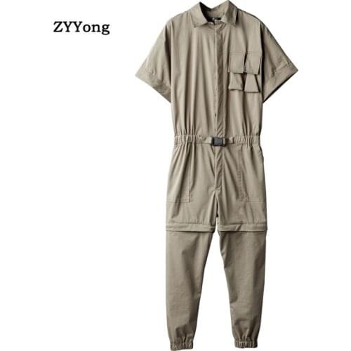 ZYYong Summer Mens Short-Sleeved Jumpsuit Lapel Knee Detachable Hip-Hop Casual Beam Feet Mens Overalls Joggers Mens Pants