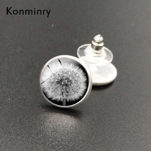 Konminry Classic Dandelion Stud Earrings Round Glass Plant Design Earrings For Women Silver Color Fashion Newest Jewelry