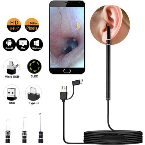 Medical In Ear Cleaning Endoscope Spoon Mini Camera Ear Picker Ear Wax Removal Visual Ear Mouth Nose Otoscope Support Android PC