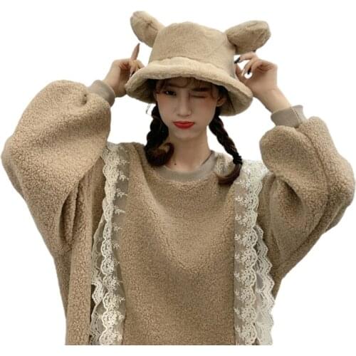 Cute Big Ear Faux Rabbit Fur Hat Fluffy Bucket Hat Fisherman Solid Color/leopard Print Wide Brims Warm Trend Match LX9E