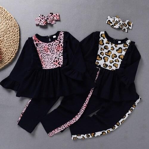 New Fall Fashion Toddler Girl Clothes Set 3 Pieces Patchwork Leopard Long Flare Sleeve+trousers+headband Kids Clothes Girls 1-6Y