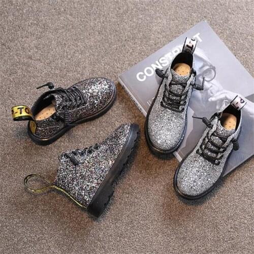 202 Autumn New Boys British Style Girls Martin Boots Side Zipper Short Boots Fashion KIDS Silver PU Boot