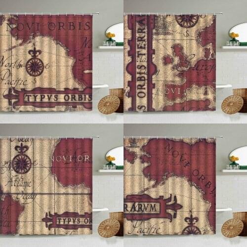 Retro Nostalgic Map Compass Shower Curtain Nautical Route Red Bathroom Waterproof Polyester Curtains Home Decor With Hook Set