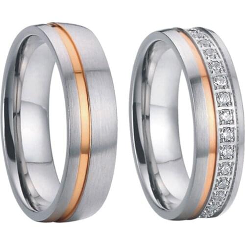 Luxury cubic zirconia rose gold color titanium steel wedding rings sets for men and women alliances