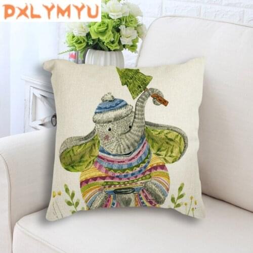Nordic Art Linen Cotton Cushion Cover Bear Monkey Elephant Printed Home Decorative Pillows Cover Case Square Pillowcase 45x45cm