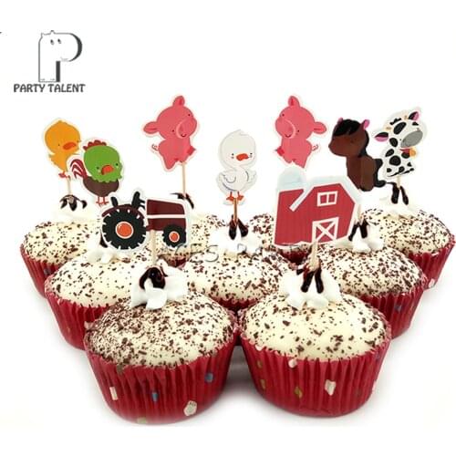 Party Supplies 24pcs Farm Animals Pig Cow Chick Duck Theme Toppers for Kids Birthday Party DIY Cake Accessory Cupcake Decoration