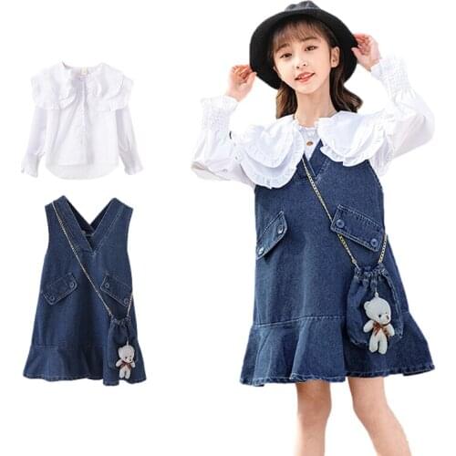 Spring Baby Girl Clothes Fashion Long Seleeve Shirt + Strap Dress Girl Sets Children Toddler Girl Clothes 2PCS 4-14 Year