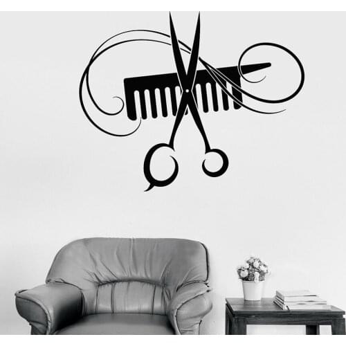 Vinyl Wall Decal Barber Shop Beauty Salon Interior Decor Hairdresser Hair Stylist Comb Scissors Window Glass Sticker Art S1047
