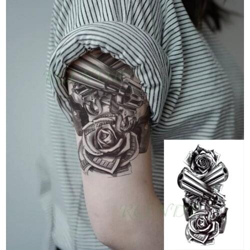 Waterproof Temporary Tattoo Sticker Gun Rose Flower Fake Tatto Flash Tatoo Back Leg Big Size Art for Women Men